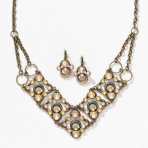 Touchstone Crystal Shimmer V Necklace & Earrings Set | Swarovski | Antique Gold